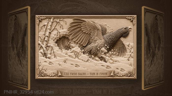 Snow scatters around bursting capercaillie 3d STL model