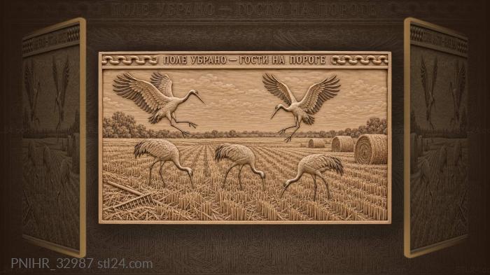 Cranes descending on golden stubble field 3d STL model
