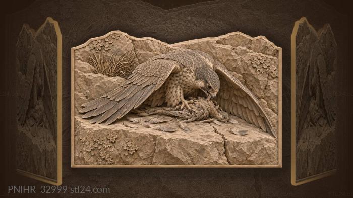Falcon tears prey atop a boulder 3d STL model