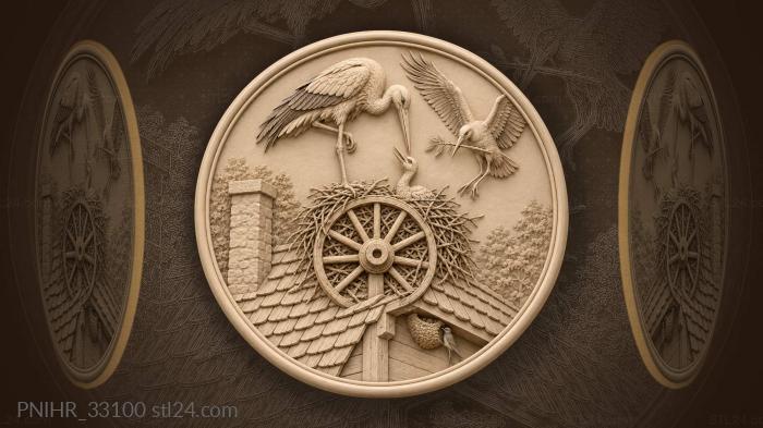 Stork with chick above cottage 3d STL model