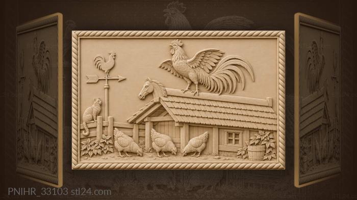 Rooster on rural rooftop scene 3d STL model
