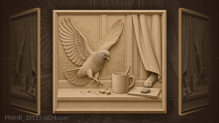 Pigeon brakes beside a hidden cat 3d STL model