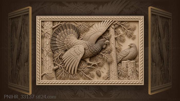 Startled capercaillie bursts between pine trunks 3d STL model