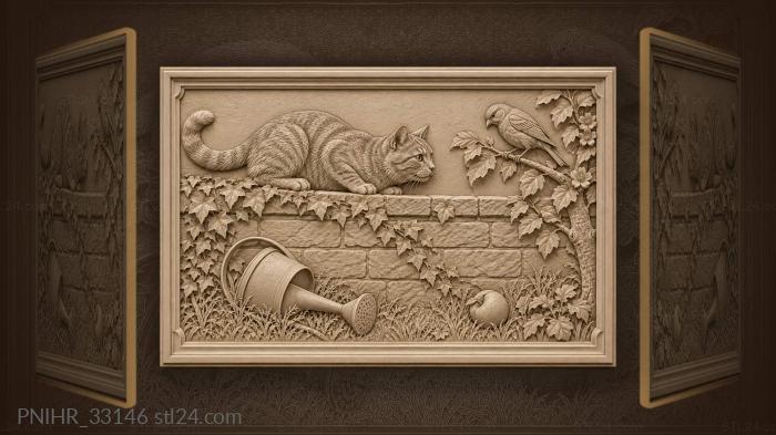 Cat and bird by the wall 3d STL model