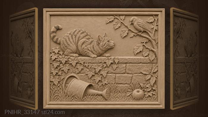Cat on wall eyeing a finch 3d STL model