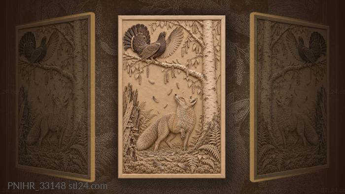 Fox beneath birch and black grouse 3d STL model