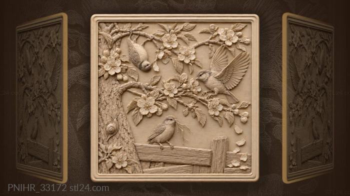 Bird tugs blossom from apple tree 3d STL model