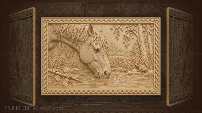 Thirsty stallion ripples water past floating birch 3d STL model