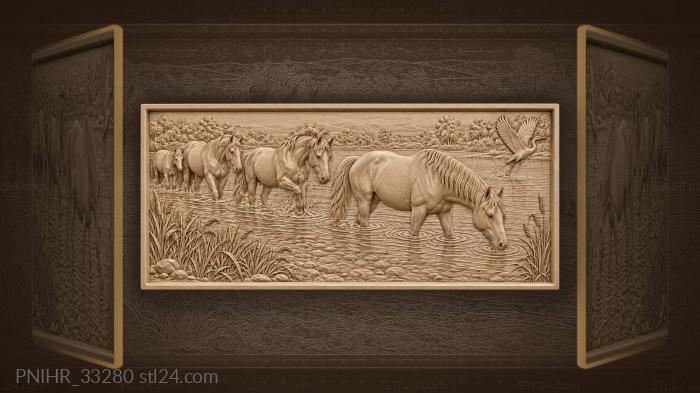 Horses wading riverbank peaceful scene 3d STL model