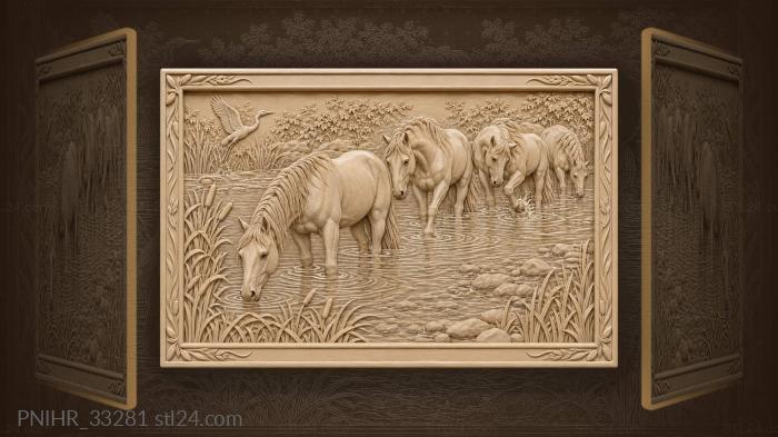 Horses wading river reeds heron 3d STL model