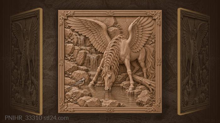 Wagtail watches winged horse drinking 3d STL model