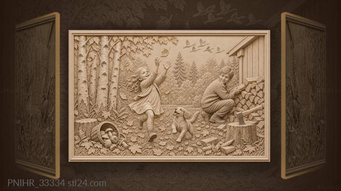 Girl chases falling leaf through birches 3d STL model