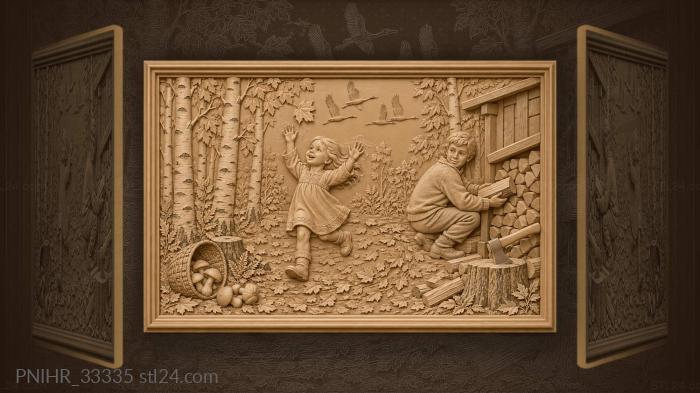Brother stacks firewood while sister plays 3d STL model