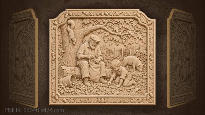 Grandfather sorts acorns beside grandson 3d STL model