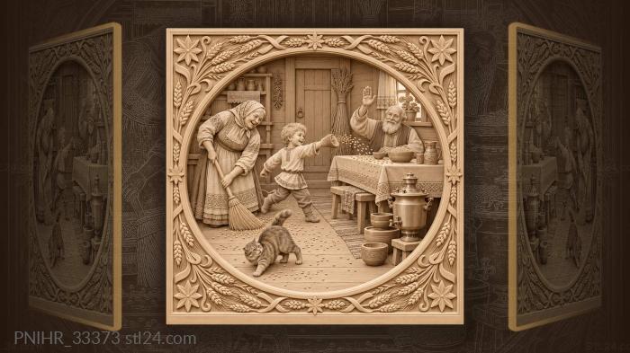 Boy scatters grain across the cottage floor 3d STL model