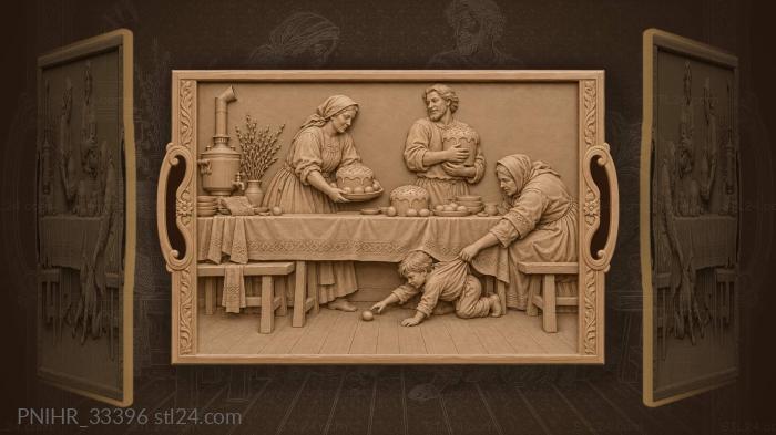 Villagers set long table for feast 3d STL model