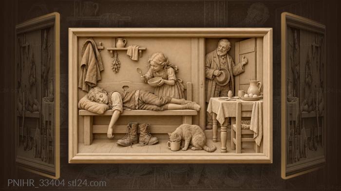 Family scene sleepy boy cottage life 3d STL model