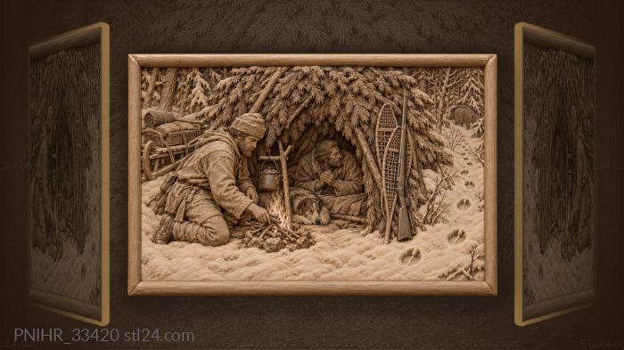 Hunter feeds fire beside snowy shelter 3d STL model