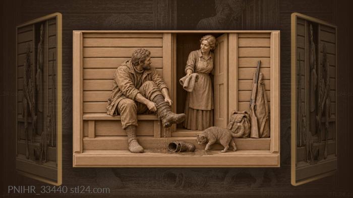 Hunter removes wet boots at doorway 3d STL model