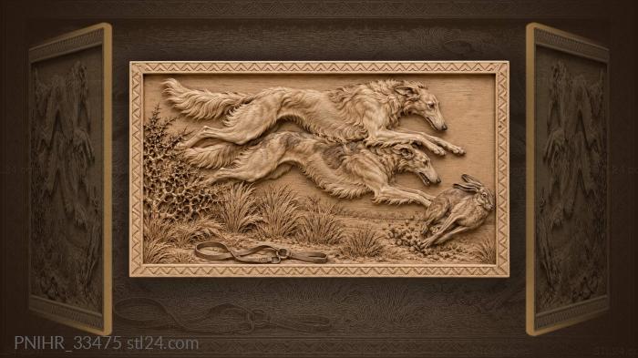 Borzois closing on a hare in the steppe 3d STL model