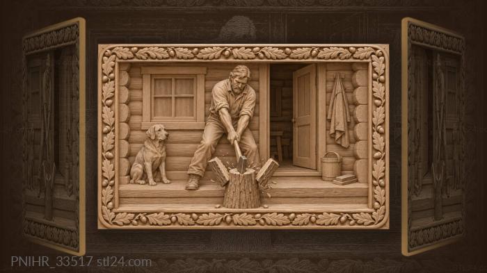 Hunter splitting wood with his dog 3d STL model