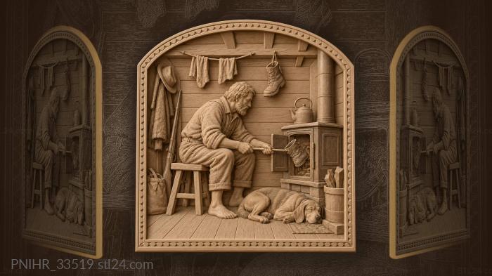 Hunter drying a boot at the stove 3d STL model