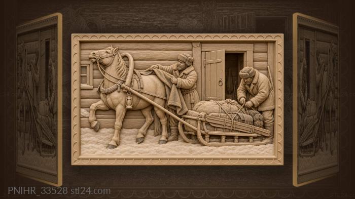 Winter horse sledge near dwelling 3d STL model