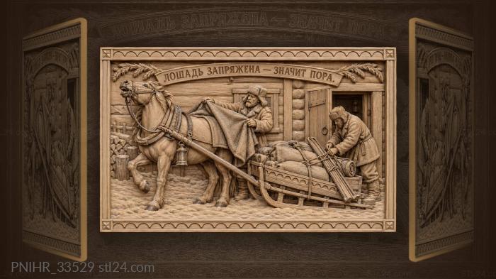 Winter horse sledge near cabin 3d STL model