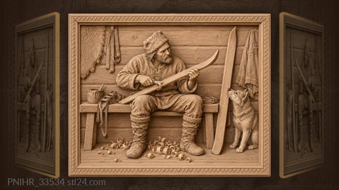Hunter preparing ski and dog companion 3d STL model
