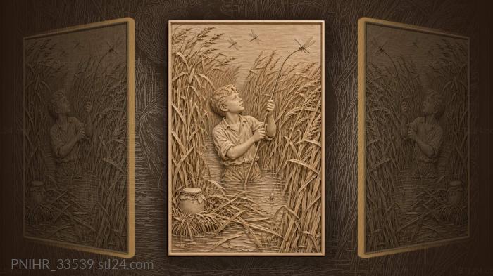 Wading boy pauses for perched dragonfly 3d STL model