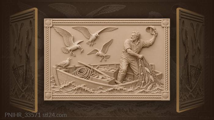 Seagulls fisherman boat coastal scene 3d STL model