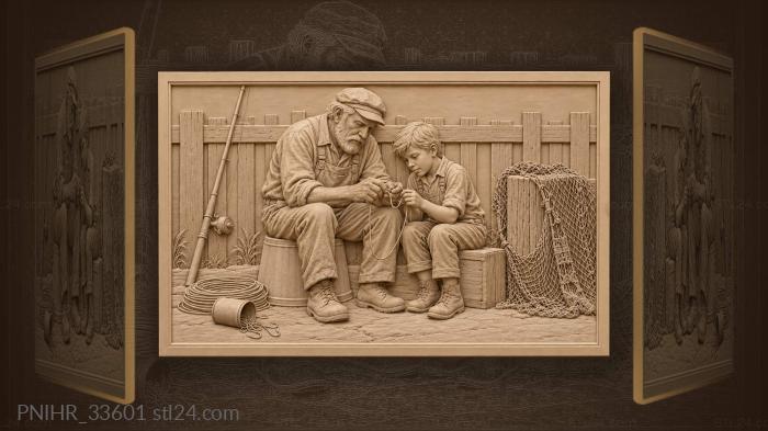 Old fisherman teaching young apprentice knot 3d STL model