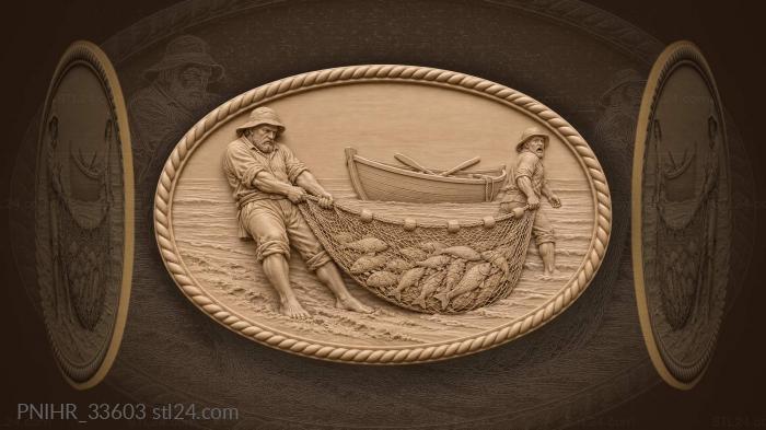 Fishermen haul heavy net toward boat 3d STL model