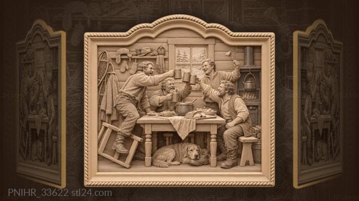 Four men clinking mugs in winter hut 3d STL model