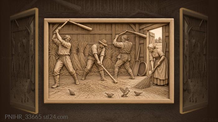 Threshing grain barn scene harvest 3d STL model