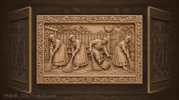 Rooster oversees servants clearing the yard 3d STL model