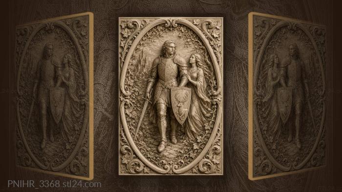 Woman beside a knight with a stag shield 3d STL model