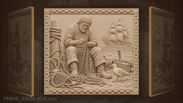 Fisherman repairs nets beside gull 3d STL model
