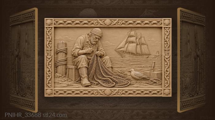Old fisherman and distant sailing ship 3d STL model