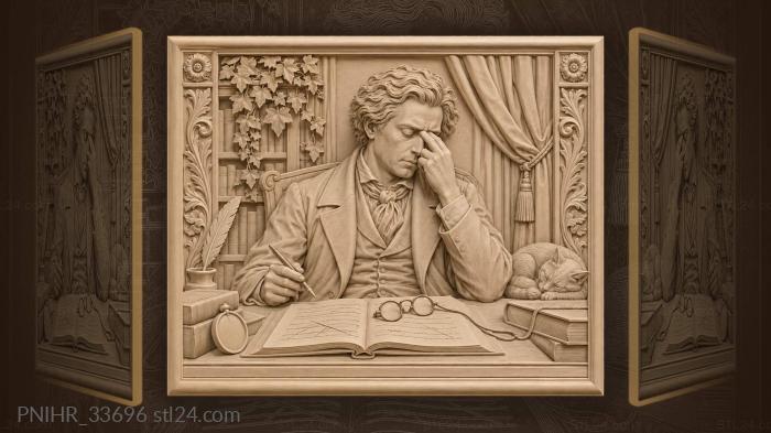 Ludwig van Beethoven beside an open manuscript 3d STL model