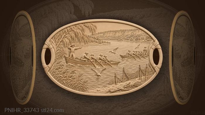 Rowers drive longboats past drying nets 3d STL model