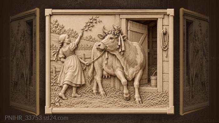 Cowgirl leads her wreath-horned cow 3d STL model