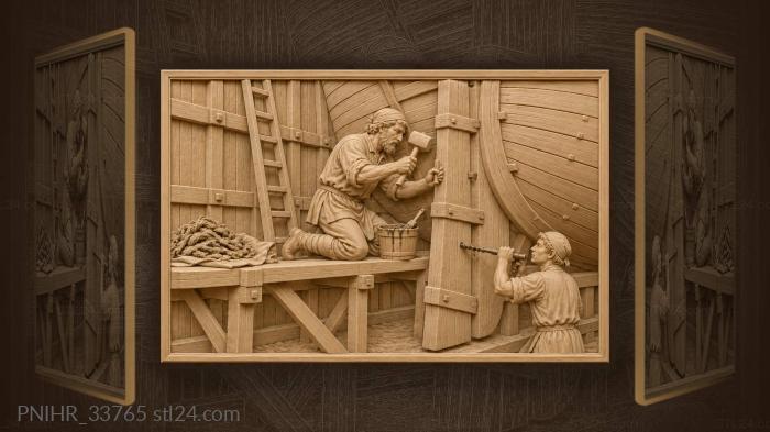 Apprentice drills rudder while shipwright steadies edge 3d STL model