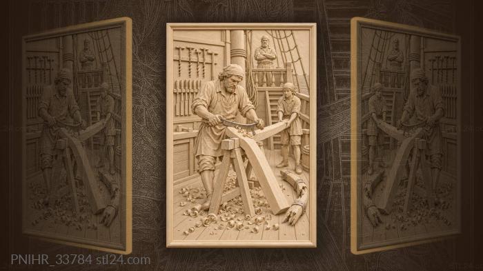 Caravel carpenter at the trestle with a drawknife 3d STL model