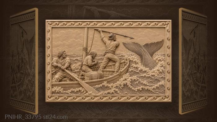 Whaler raises harpoon before whale 3d STL model