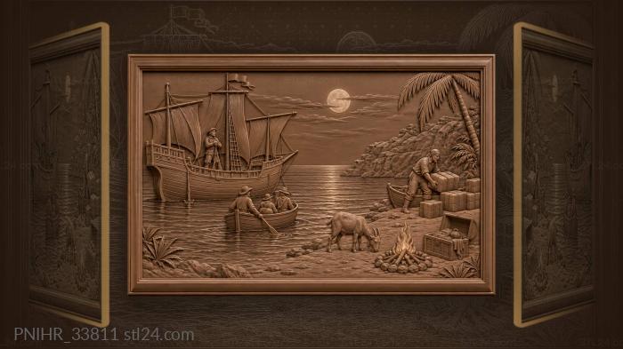 Moonlit cove with anchored caravel 3d STL model