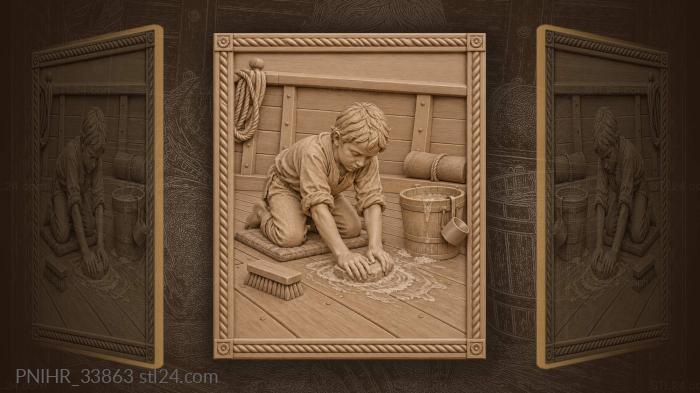 Boy scrubbing ship’s weathered deck 3d STL model