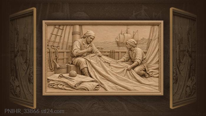 Assistant holds sail taut for stitching 3d STL model