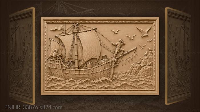 Caravel sailing past rocky island birds 3d STL model
