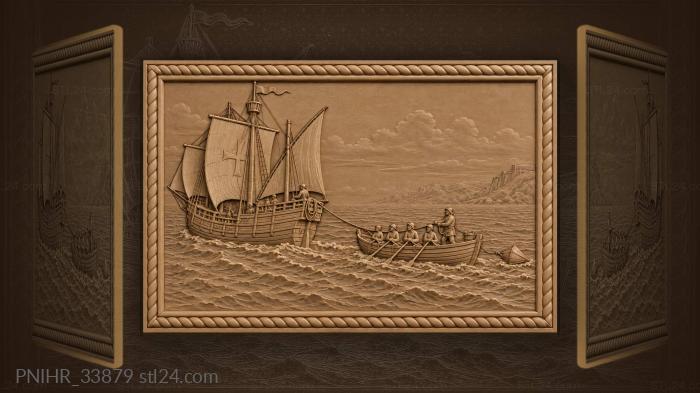 Sailing ship with trailing longboat 3d STL model